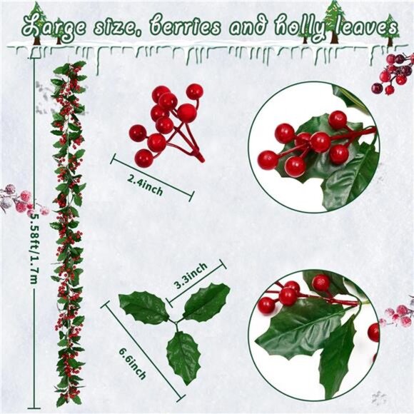 5.6Ft Christmas Holly Red Berry Realistic Garland for Indoor/Outdoor Decor - Picture 3 of 8